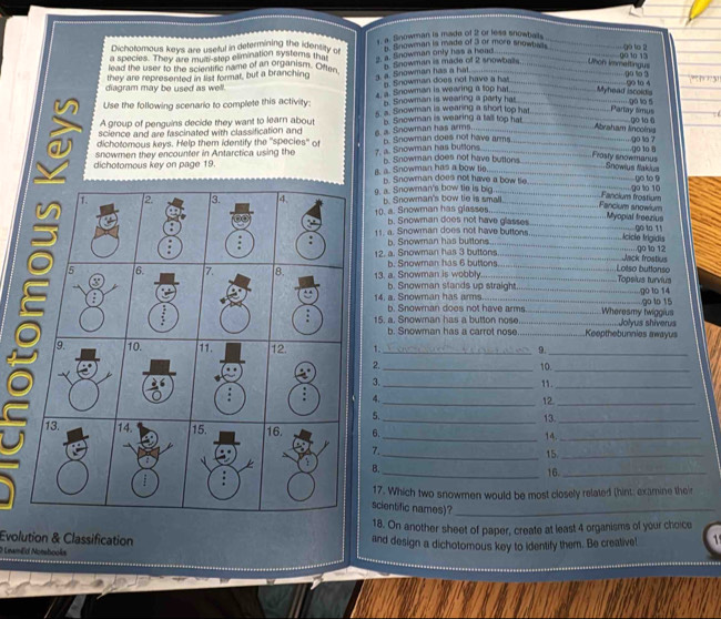 Dichotomous keys are useful in determining the identity r s. a. Snowman is made of 2 or less snowbals_
a species. They are mum-step elimination systems that 5. Snowman is made of 3 or more snowbas 90 to 2
90 10 13
lead the user to the scientific name of an organism. Often
they are represented in list format, but a branching 3. a. Snowman has a hat 2. a. Sinowman only has a head a Snowman is made of 2 snowbal __Uhon iomeltingus
diagram may be used as well. s. Snowman does not have a has _00 %o 3 ?? ?> ??3!
90 to 4
5. Snowman is wearing a party has
Use the following scenario to complete this activity: . a. Snowman is wearing a top hat __Myhead iscoldis go to s
A group of penguins decide they want to learn about 5. a. Snowman is wearing a short top hat. _Partay Simus
_
_
science and are fascinated with classification and 5. Snowman is wearing a tall top hat _go 1o 6
dichotomous keys. Help them identify the ''species'' of s. a. Snowman has arms._
Abvaham lincolnis
snowmen they encounter in Antarctica using the 7. a. Snowman has buttons b. Snowman does not have arms _go to ?
go 10 8
Frosty snowmanus Snowius Nakius
dichotomous key on page 19. b. Snowman does not have buttons_
_
B. a. Snowman has a bow tie b. Snowman does not have a bow tie yo to 9
1 2 3. 4 9. a. Snowman's bow tie is big. b. Snowman's bow tie is small go to 10
_Fancium snowium Fancium frostium
10. a. Snowman has glasses b. Snowman does not have glasses_ Myopial treezius go to 11
_
11. a. Snowman does not have buttons _Icicle trigidis
b. Snowman has buttons
12. a. Snowman has 3 buttons _Jack frostius ..go lo 12
5 6. 7. 8. 13. a. Snowman is wobbly. b. Snowman has 6 buttons._
_Lotso buttonso Topsius turvius
_
14. a. Snowman has arms b. Snowman stands up straight_ go to 14
h. Snowrnan does not have arms _Wheresmy twiggius go to 15
15. a. Snowman has a button nose._ Jolyus shiverus
b. Snowman has a carrot nose _Keepthebunnies awayus
9. 10. 11. 12. 1._ 9.
_
2._ 10._
3.
_11._
4._ 12._
5._ 13._
13. 14. 15. 16. 6._ 14._
7.
_15._
:
B._ 16._
17. Which two snowmen would be most closely related (hint; examine their
scientific names)?_
18. On another sheet of paper, create at least 4 organisms of your choice
Evolution & Classification and design a dichotomous key to identify them. Be creative!
* Leamilid Notsbooks