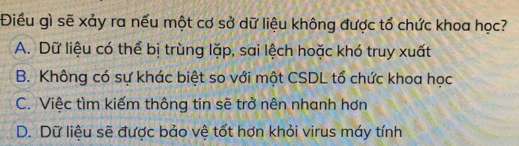 Điều gì sẽ xảy ra nếu một cơ sở dữ liệu không được tổ chức khoa học?
A. Dữ liệu có thể bị trùng lặp, sai lệch hoặc khó truy xuất
B. Không có sự khác biệt so với một CSDL tổ chức khoa học
C. Việc tìm kiếm thông tin sẽ trở nên nhanh hơn
D. Dữ liệu sẽ được bảo vệ tốt hơn khỏi virus máy tính