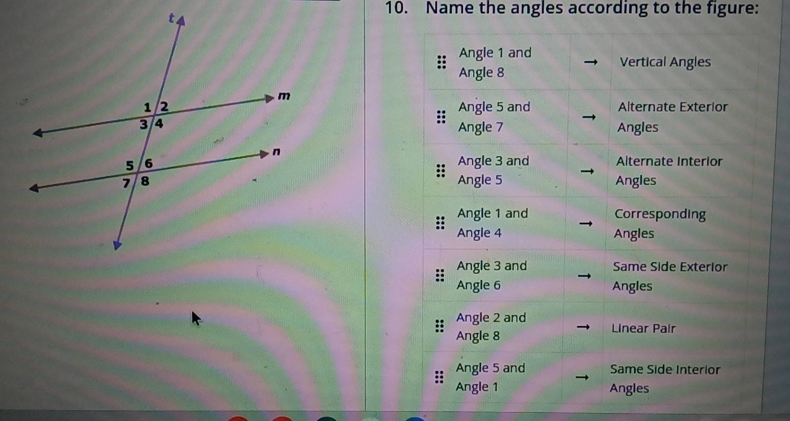 Name the angles according to the figure: