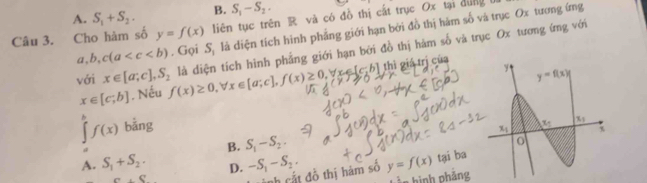 A. S_1+S_2. B. S_1-S_2.
Câu 3. Cho hàm số y=f(x) liên tục trên R và có đồ thị cất trục Ox tại đùng l
a,b,c(a . Gọi S_1 là diện tích hình phẳng giới hạn bởi đồ thị hàm số và trục Ox tương ứng
với x∈ [a;c],S_2 f(x)≥ 0,forall x∈ [a;c],f(x)≥ 0,forall xepsilon [c,b] là diện tích hình phẳng giới hạn bởi đồ thị hàm số và trục Ox tương ứng với
x∈ [c;b]. Nếu thì giá trị của
∈tlimits f(x) bǎng
B. S_1-S_2.
A. S_1+S_2. D. -S_1-S_2. y=f(x) tại ba
S+S
ảnh cắt đồ thị hàm số
Ản hình phảng