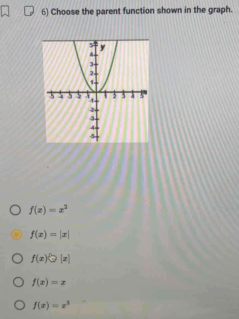 Choose the parent function shown in the graph.
f(x)=x^2
f(x)=|x|
f(x)=[x]
f(x)=x
f(x)=x^3