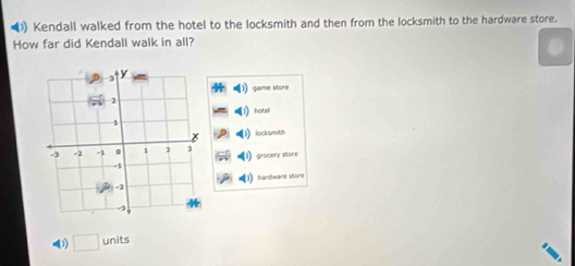 ( Kendall walked from the hotel to the locksmith and then from the locksmith to the hardware store.
How far did Kendall walk in all?
game store
hotell
locksmith
grocery store
hardware store
□ units