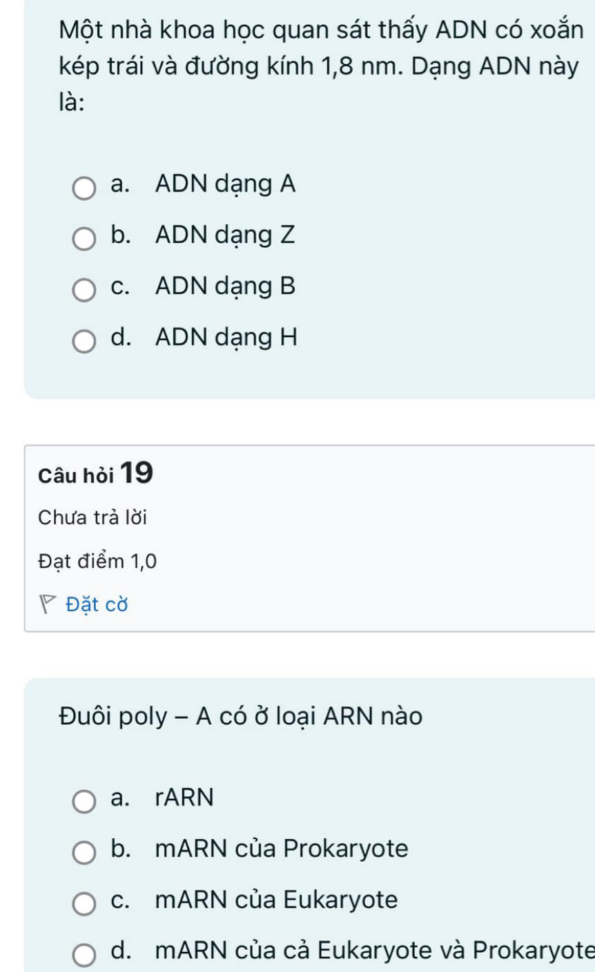 Một nhà khoa học quan sát thấy ADN có xoắn
kép trái và đường kính 1,8 nm. Dạng ADN này
là:
a. ADN dạng A
b. ADN dạng Z
c. ADN dạng B
d. ADN dạng H
Câu hỏi 19
Chưa trả lời
Đạt điểm 1,0
◤ Đặt cờ
Đuôi poly - A có ở loại ARN nào
a. rARN
b. mARN của Prokaryote
c. mARN của Eukaryote
d. mARN của cả Eukaryote và Prokaryote