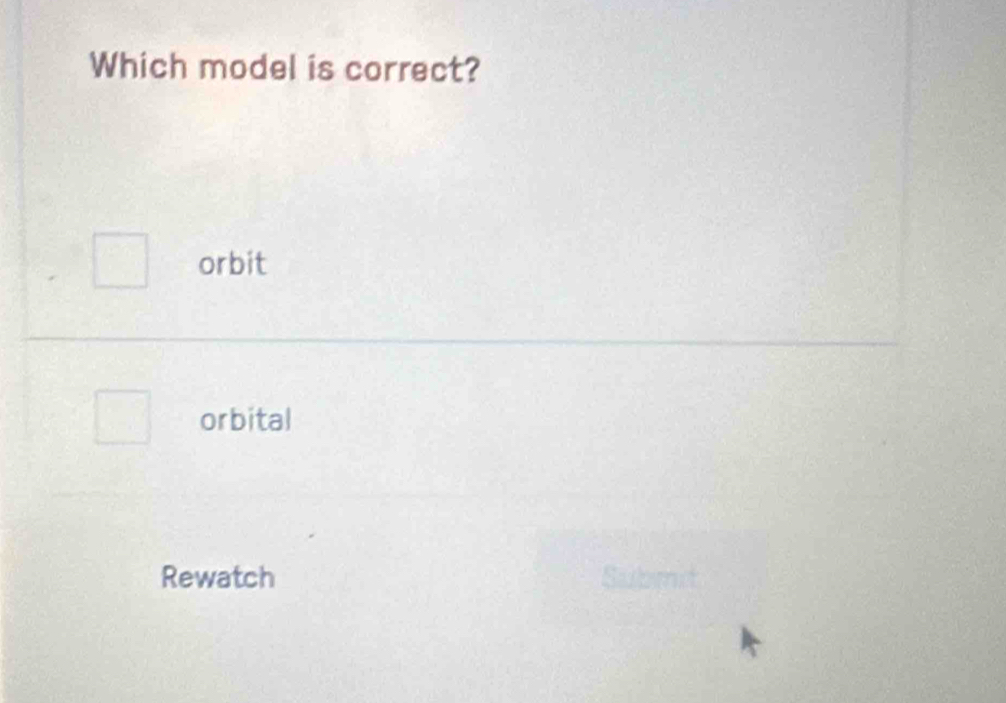 Which model is correct?
orbit
orbital
Rewatch