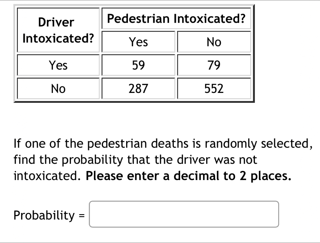 If one of the pedestrian deaths is randomly selected, 
find the probability that the driver was not 
intoxicated. Please enter a decimal to 2 places. 
Probability =□