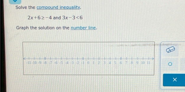 Solve the compound inequality.
2x+6≥ -4 and 3x-3<6</tex> 
Graph the solution on the number line.