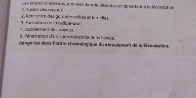 Les étapes ci-dessous, données dans le désordre se rapportent à la fécondation. 
1. Fusion des noyaux. 
2. Rencontre des gamètes mâles et femelles. 
3. Formation de la cellule-œuf. 
4. Accolement des noyaux. 
5. Pénétration d'un spermatozoïde dans l'ovule. 
Range-les dans l'ordre chronologique du déroulement de la fécondation.