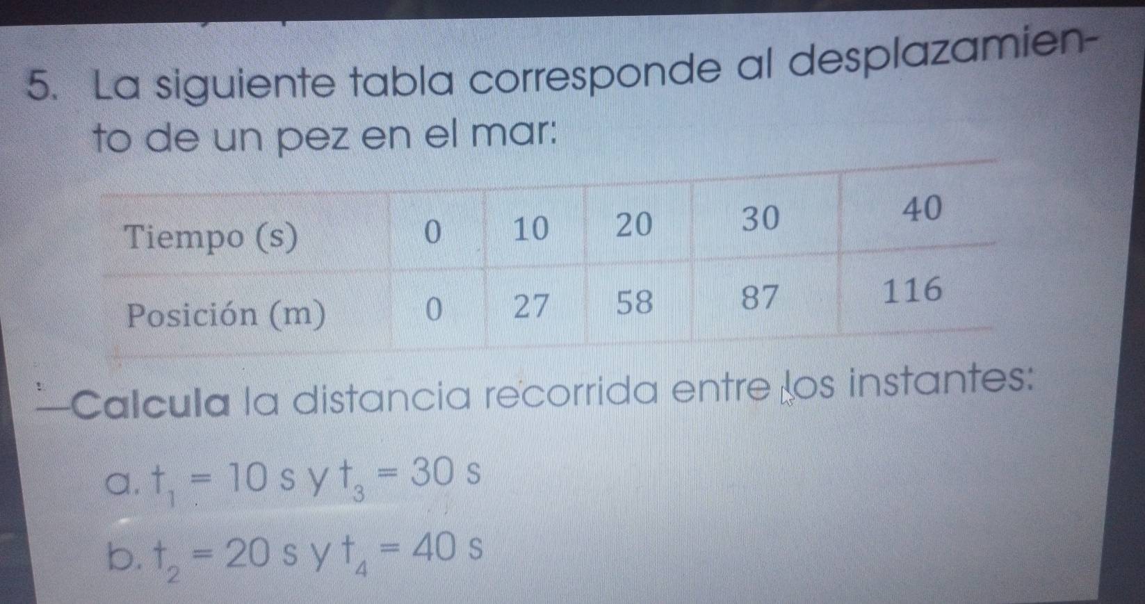 La siguiente tabla corresponde al desplazamien- 
to de un pez en el mar: 
Calcula la distancía recorrida entre los instantes: 
a. t_1=10s y t_3=30 S 
b. t_2=20s y t_4=40s