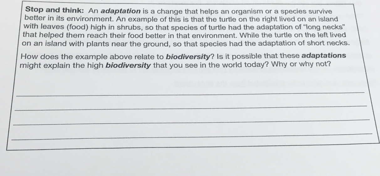 Stop and think: An adaptation is a change that helps an organism or a species survive 
better in its environment. An example of this is that the turtle on the right lived on an island 
with leaves (food) high in shrubs, so that species of turtle had the adaptation of “long necks” 
that helped them reach their food better in that environment. While the turtle on the left lived 
on an island with plants near the ground, so that species had the adaptation of short necks. 
How does the example above relate to biodiversity? Is it possible that these adaptations 
might explain the high biodiversity that you see in the world today? Why or why not? 
_ 
_ 
_ 
_