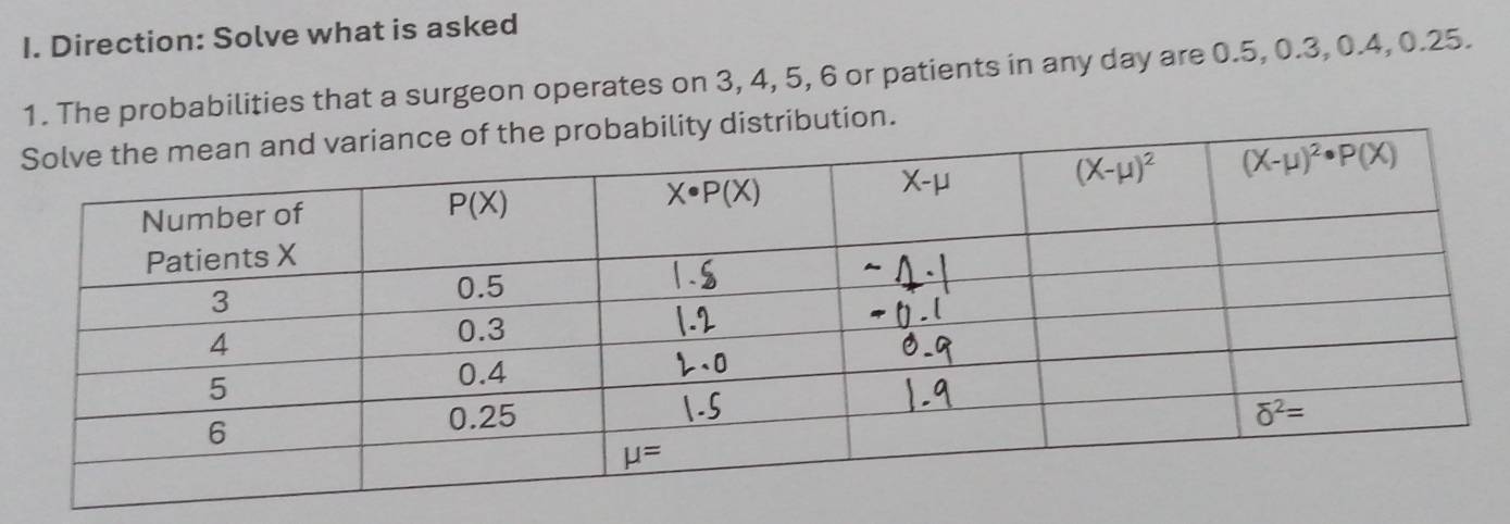 Direction: Solve what is asked
1. The probabilities that a surgeon operates on 3, 4, 5, 6 or patients in any day are 0.5, 0.3, 0.4, 0.25.
obability distribution.