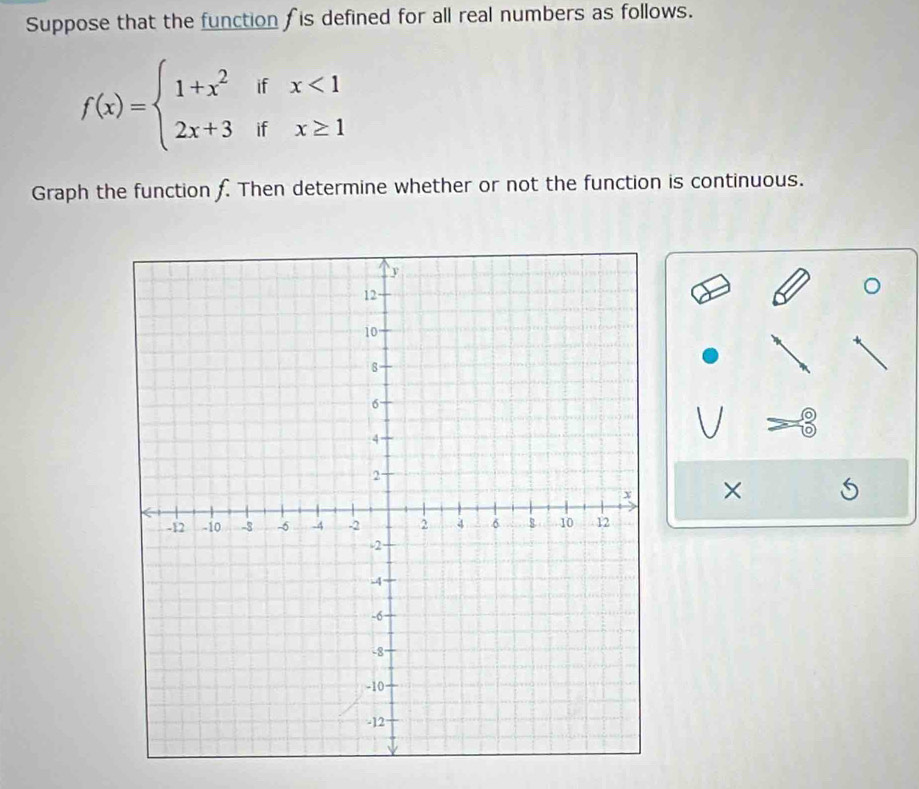 Suppose that the function is defined for all real numbers as follows.
f(x)=beginarrayl 1+x^2ifx<1 2x+3ifx≥ 1endarray.
Graph the function f. Then determine whether or not the function is continuous. 
×