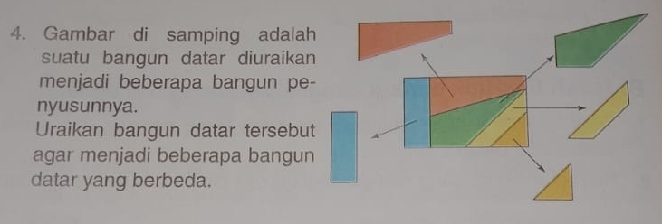 Gambar di samping adala 
suatu bangun datar diuraika 
menjadi beberapa bangun pe 
nyusunnya. 
Uraikan bangun datar tersebu 
agar menjadi beberapa bangu 
datar yang berbeda.