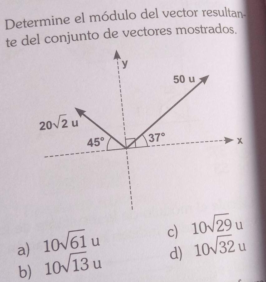 Determine el módulo del vector resultan-
te del conjunto de vectores mostrados.
c) 10sqrt(29)u
a) 10sqrt(61)u 10sqrt(32)u
b) 10sqrt(13)u
d)