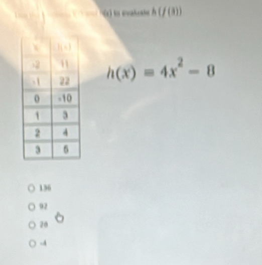 '''r) la evalrais h(f(3))
h(x)=4x^2-8
136
92
20
4