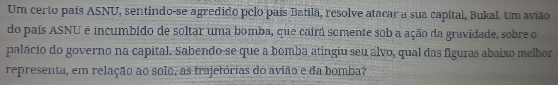 Um certo país ASNU, sentindo-se agredido pelo país Batilā, resolve atacar a sua capital, Bukal. Um avião 
do país ASNU é incumbido de soltar uma bomba, que cairá somente sob a ação da gravidade, sobre o 
palácio do governo na capital. Sabendo-se que a bomba atingiu seu alvo, qual das figuras abaixo melhor 
representa, em relação ao solo, as trajetórias do avião e da bomba?