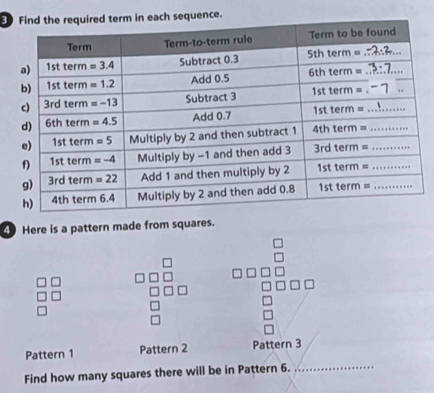 3each sequence.
4 Here is a pattern made from squares.
Pattern 1 Pattern 2 Pattern 3
Find how many squares there will be in Pattern 6._