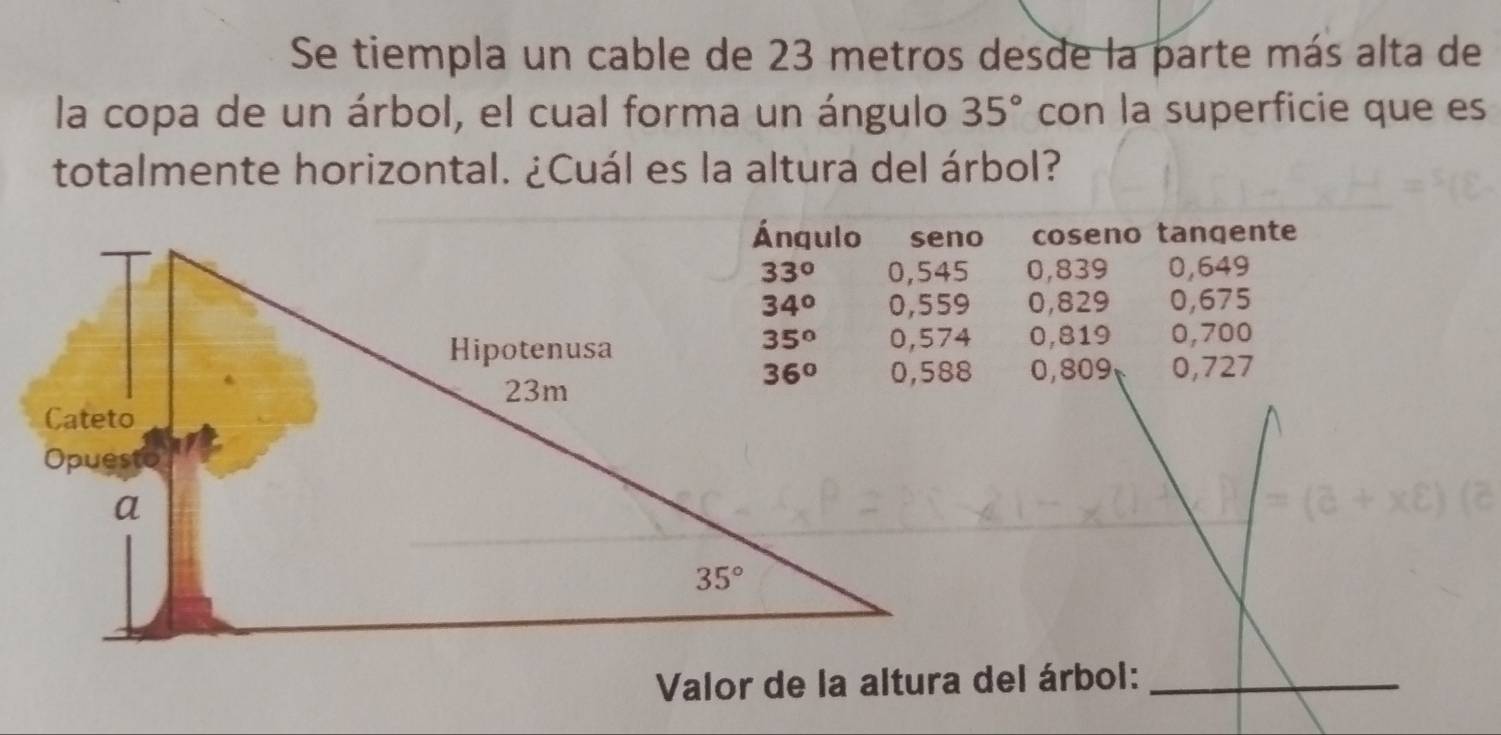 Se tiempla un cable de 23 metros desde la parte más alta de
la copa de un árbol, el cual forma un ángulo 35° con la superficie que es
totalmente horizontal. ¿Cuál es la altura del árbol?
coseno tangente
0,839 0,649
0,829 0,675
0,819 0,700
0,809 0,727
Valor de la altura del árbol:_