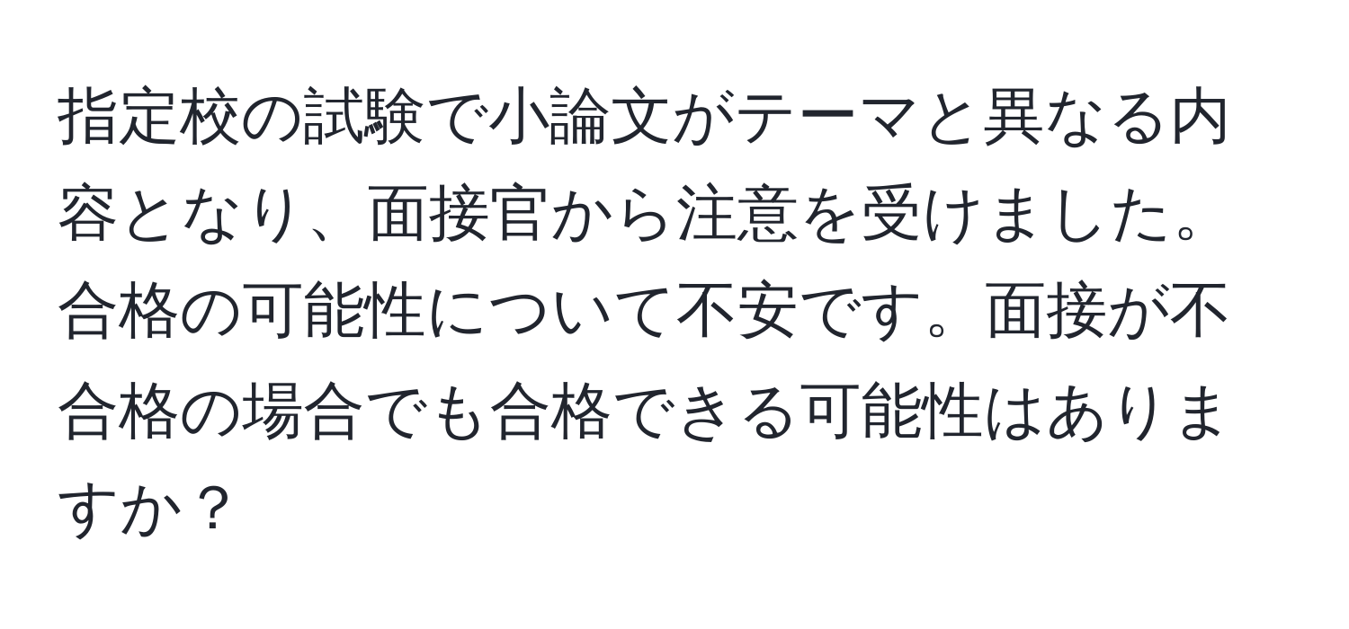 指定校の試験で小論文がテーマと異なる内容となり、面接官から注意を受けました。合格の可能性について不安です。面接が不合格の場合でも合格できる可能性はありますか？