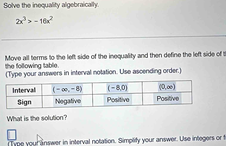 Solve the inequality algebraically.
2x^3>-16x^2
Move all terms to the left side of the inequality and then define the left side of t
the following table.
(Type your answers in interval notation. Use ascending order.)
What is the solution?
(Type your answer in interval notation. Simplify your answer. Use integers or fr