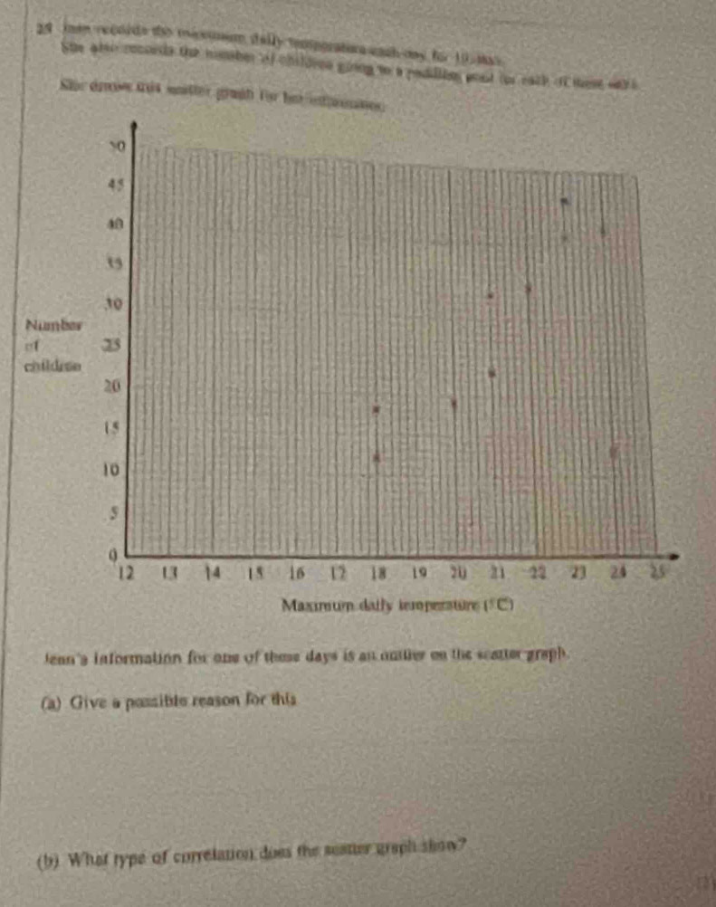 men recoids the micetmum delly temporators each day for 19. mas
She also records the nimber of children giing to a pediliie post for each of these war i
Sor drve tit untter graäh für he ntnten
N
o
c
Jean's information for one of these days is an outther on the scatter graph.
(a) Give a possible reason for this
(b) What type of correlation does the seatter graph show?
m