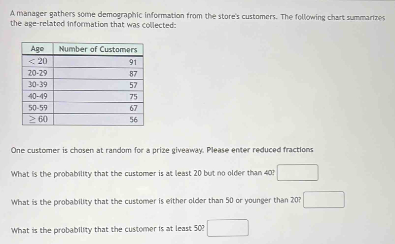 A manager gathers some demographic information from the store's customers. The following chart summarizes
the age-related information that was collected:
One customer is chosen at random for a prize giveaway. Please enter reduced fractions
What is the probability that the customer is at least 20 but no older than 40?
What is the probability that the customer is either older than 50 or younger than 20? ^
What is the probability that the customer is at least 50?