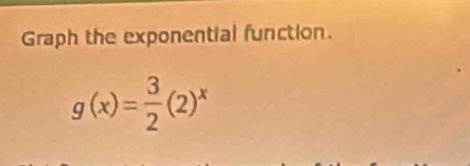 Graph the exponential function.
g(x)= 3/2 (2)^x