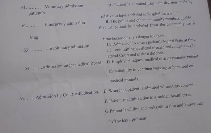 ... Voluntary admission A. Patient is admitted based on decision made by
patient’s
relative to have secluded in hospital for a while.
62. …….. Emergency admission B. The police and other community members decide
that the patient be secluded from the community for a
long
time because he is a danger to others.
63. ...…. Involuntary admission C. Admission to assess patient’s Mental State at time
of committing an illegal offence and competence to
attend Court and make a defence.
64. ……Admission under medical Board D. Employers request medical officers examine patient
for suitability to continue working or be retired on
medical grounds.
65. ……Admission by Court Adjudication. E. Where the patient is admitted without his consent.
F. Patient is admitted due to a sudden health crisis.
G Patient is willing and seeks admission and knows that
he/she has a problem