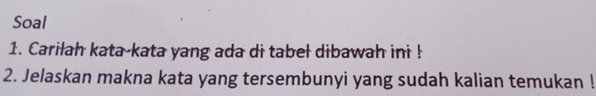 Soal 
1. Carilah kata-kata yang ada di tabel dibawah ini ! 
2. Jelaskan makna kata yang tersembunyi yang sudah kalian temukan !