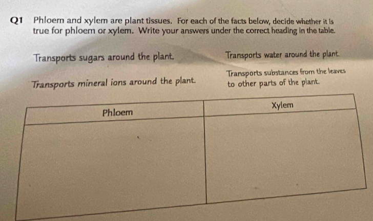 Phloem and xylem are plant tissues. For each of the facts below, decide whether it is
true for phloem or xylem. Write your answers under the correct heading in the table.
Transports sugars around the plant. Transports water around the plant
Transports mineral ions around the plant. Transports substances from the leaves
to other parts of the plant.