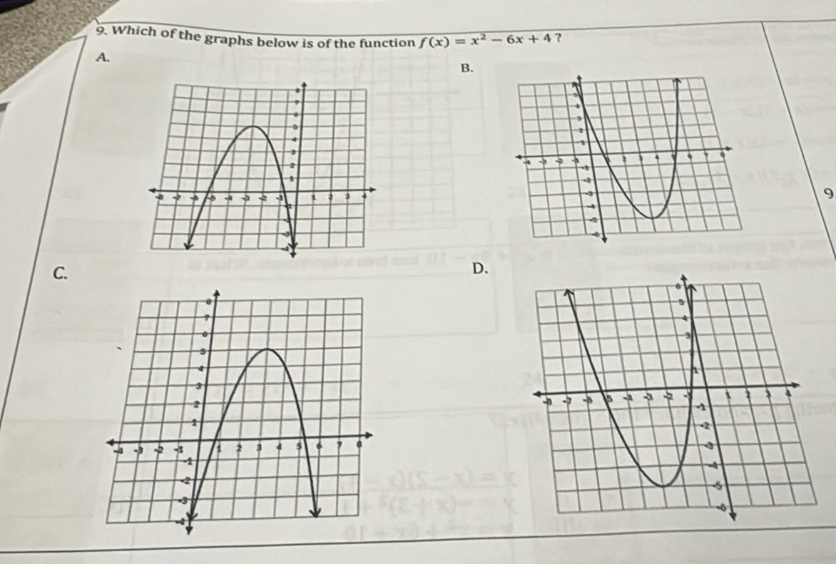 Which of the graphs below is of the function f(x)=x^2-6x+4 ? 
A. 
B. 

9 
C. 
D.