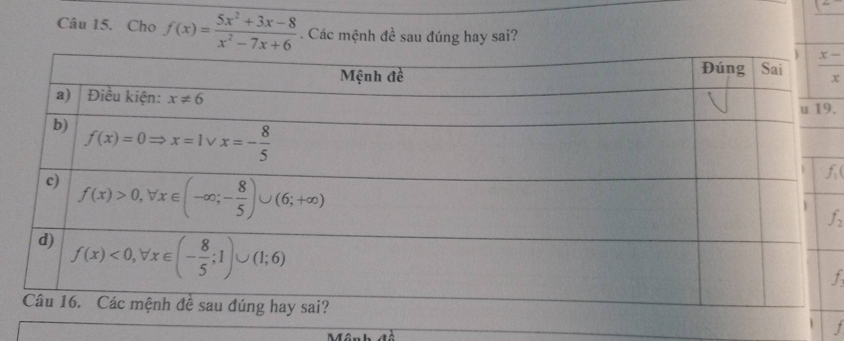 Cho f(x)= (5x^2+3x-8)/x^2-7x+6 . Các mệnh đề sau đúng hay sai?
 (x-)/x .
,
1