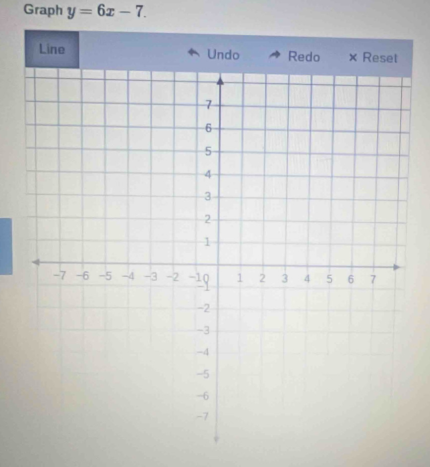 Graph y=6x-7. 
Line Undo Redo × Reset