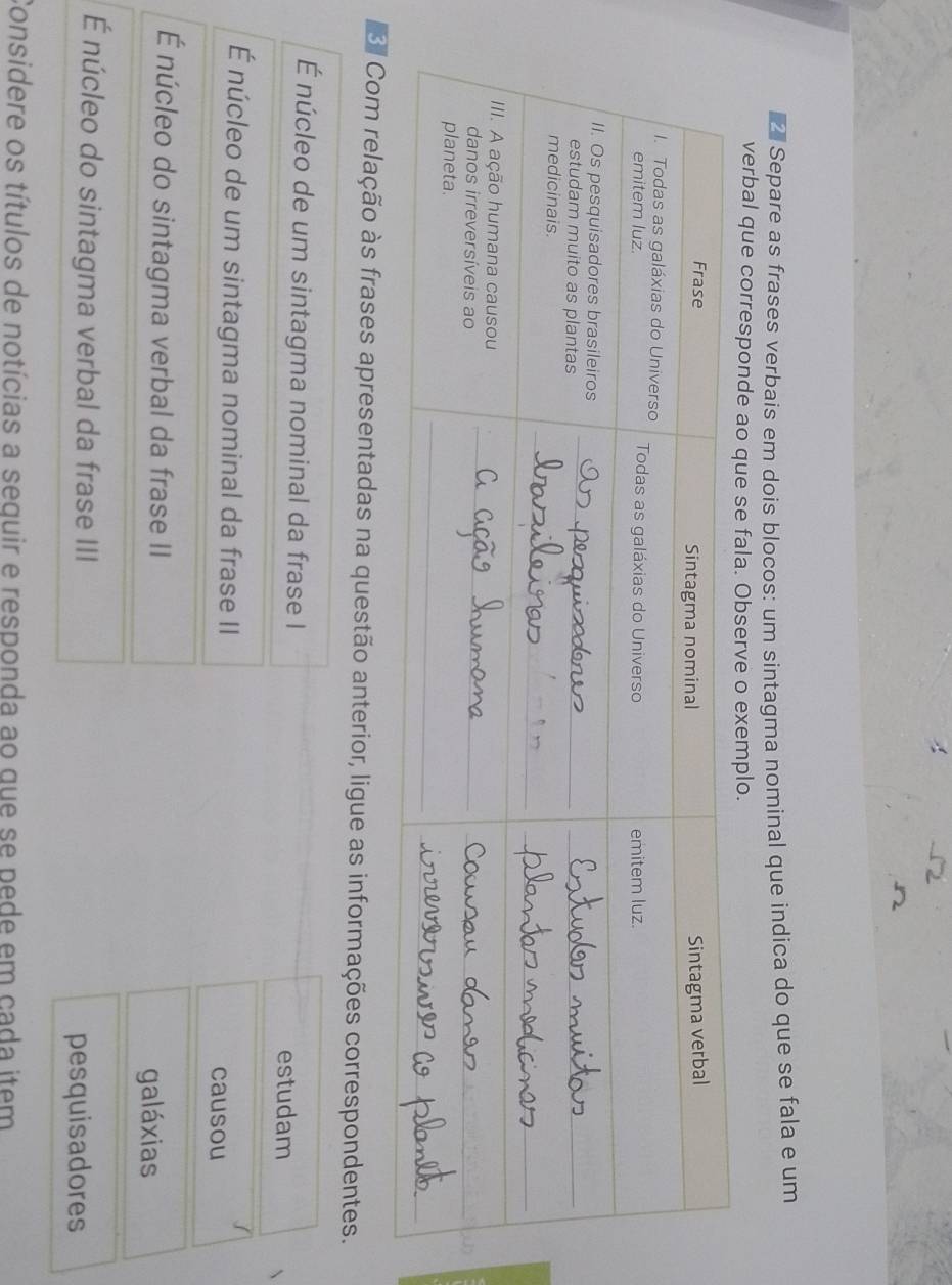 Separe as frases verbais em dois blocos: um sintagma nominal que indica do que se fala e um
verbal que corresponde ao que se fala. Observe o exemplo.
Com relação às frases apresentadas na questão anterior, ligue as informações correspondentes.
É núcleo de um sintagma nominal da frase I
estudam
É núcleo de um sintagma nominal da frase II
causou
É núcleo do sintagma verbal da frase II
galáxias
É núcleo do sintagma verbal da frase III
pesquisadores
Considere os títulos de notícias a sequir e responda ao que se pede em cada item