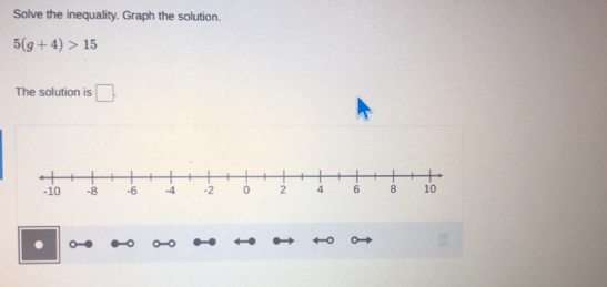 Solve the inequality. Graph the solution.
5(g+4)>15
The solution is □.