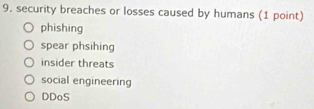 security breaches or losses caused by humans (1 point)
phishing
spear phsihing
insider threats
social engineering
DDoS