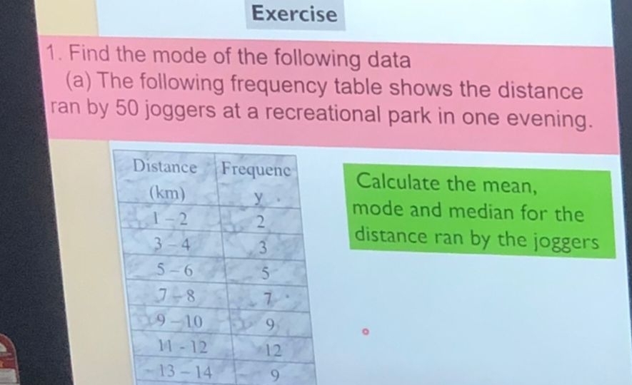 Find the mode of the following data 
(a) The following frequency table shows the distance 
ran by 50 joggers at a recreational park in one evening. 
Calculate the mean, 
mode and median for the 
distance ran by the joggers 
9