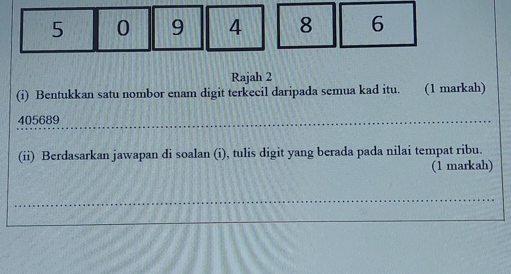 5
0
9
4
8
6
Rajah 2 
(i) Bentukkan satu nombor enam digit terkecil daripada semua kad itu. (1 markah)
405689
(ii) Berdasarkan jawapan di soalan (i), tulis digit yang berada pada nilai tempat ribu. 
(1 markah)