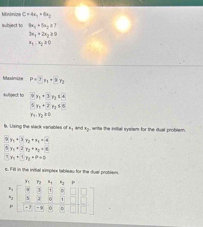 Minimize C=4x_1+6x_2
subject to 9x_1+5x_2≥ 7
3x_1+2x_2≥ 9
x_1,x_2≥ 0
Maximize P=7y_1+9y_2
subject to 9y_1+3y_2≤ 4
5y_1+ 2y_2≤ 6
y_1,y_2≥ 0
b. Using the slack variables of x_1 and x_2 , write the initial system for the dual problem. 
9 y_1+ 3y_2+x_1= 4
5 y_1+ 2y_2+x_2= 6
1 y_1+1y_2+P=0
c. Fill in the initial simplex tableau for the dual problem.
y_1 y_2x_1x_2 || P
beginarrayr x_1 x_2 pendarray [frac 3&6&7&9&□  5&2&6&1&1&□  -7&0&0&□ &□ &□ endbmatrix