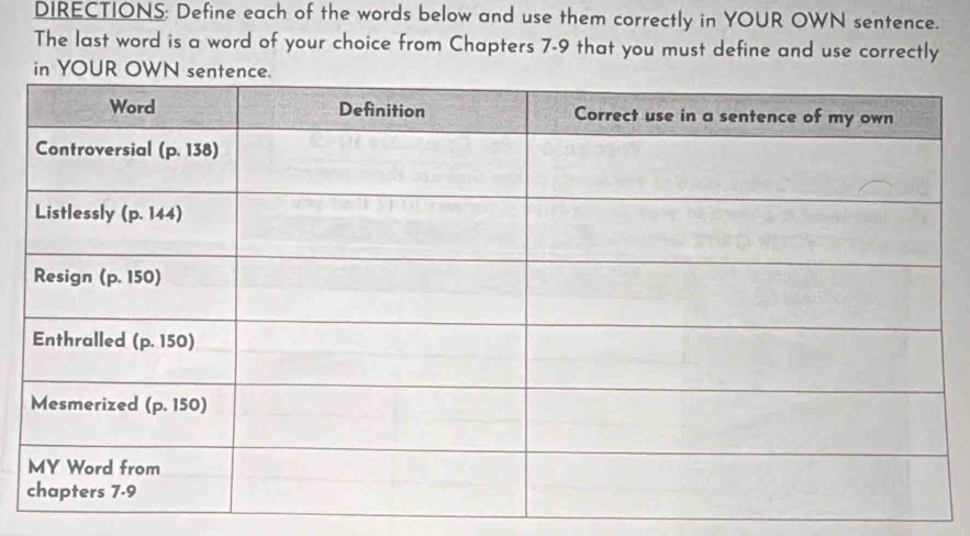 DIRECTIONS: Define each of the words below and use them correctly in YOUR OWN sentence.
The last word is a word of your choice from Chapters 7-9 that you must define and use correctly
in YOUR