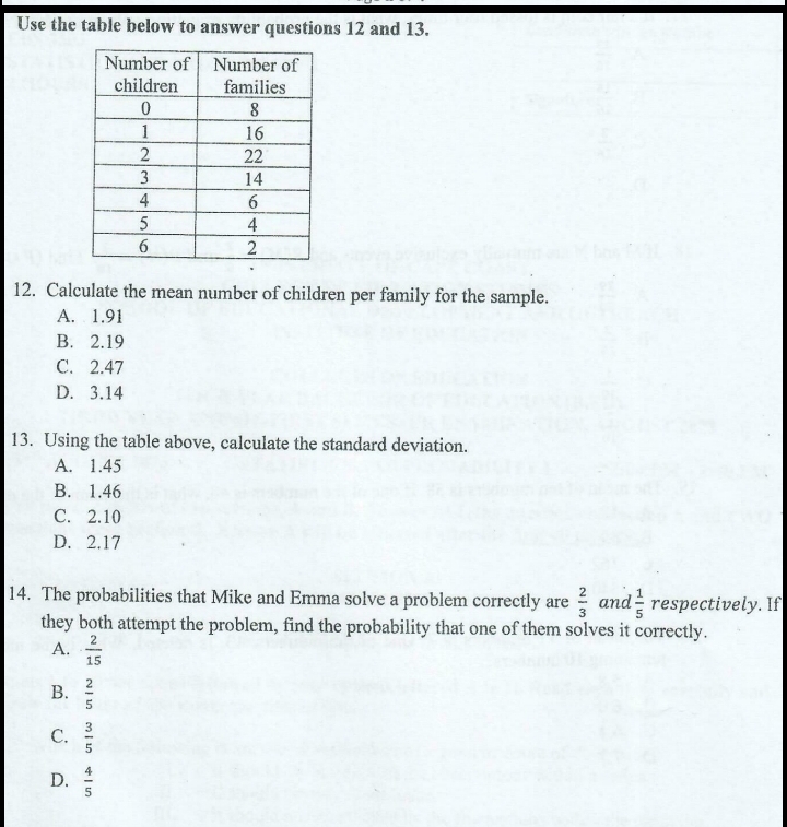 Use the table below to answer questions 12 and 13.
12. Calculate the mean number of children per family for the sample.
A. 1.91
B. 2.19
C. 2.47
D. 3.14
13. Using the table above, calculate the standard deviation.
A. 1.45
B. 1.46
C. 2.10
D. 2.17
14. The probabilities that Mike and Emma solve a problem correctly are  2/3  and  1/5  respectively. If
they both attempt the problem, find the probability that one of them solves it correctly.
A.  2/15 
B.  2/5 
C.  3/5 
D.  4/5 