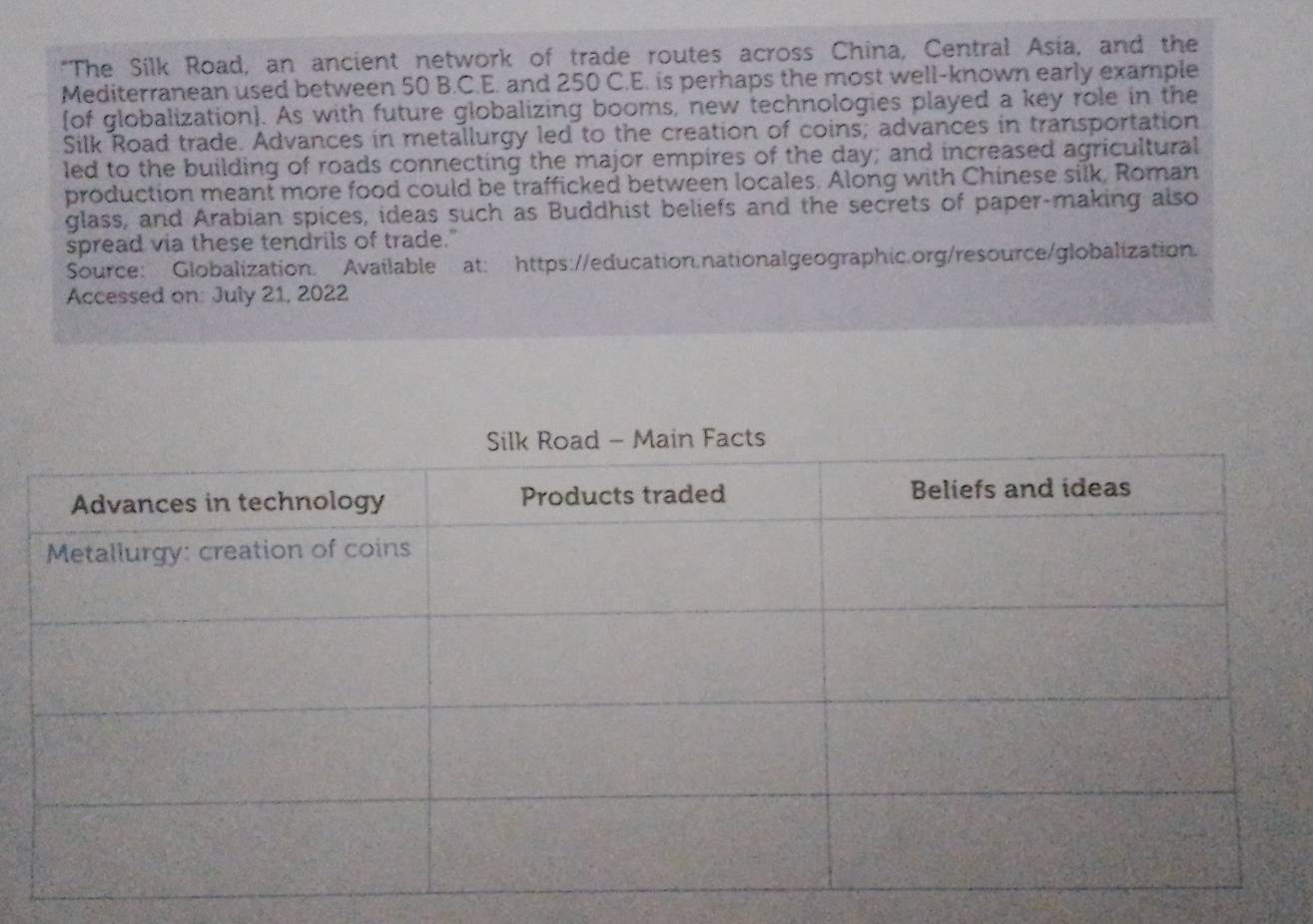 "The Silk Road, an ancient network of trade routes across China, Central Asia, and the 
Mediterranean used between 50 B.C.E. and 250 C.E. is perhaps the most well-known early example 
of globalization. As with future globalizing booms, new technologies played a key role in the 
Silk Road trade. Advances in metallurgy led to the creation of coins; advances in transportation 
led to the building of roads connecting the major empires of the day; and increased agricultural 
production meant more food could be trafficked between locales. Along with Chinese silk, Roman 
glass, and Arabian spices, ideas such as Buddhist beliefs and the secrets of paper-making also 
spread via these tendrils of trade." 
Source: Globalization. Available at: https://education.nationalgeographic.org/resource/globalization. 
Accessed on: July 21, 2022