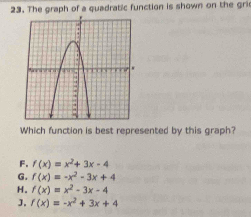 The graph of a quadratic function is shown on the gric
Which function is best represented by this graph?
F. f(x)=x^2+3x-4
G. f(x)=-x^2-3x+4
H. f(x)=x^2-3x-4
J. f(x)=-x^2+3x+4