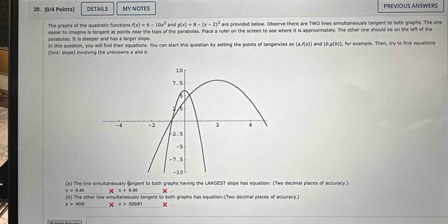 DETAILS MY NOTES PREVIOUS ANSWERS 
The graphs of the quadratic functions f(x)=6-10x^2 and g(x)=8-(x-2)^2 are provided below. Observe there are TWO lines simultaneously tangent to both graphs. The one 
easier to imagine is tangent at points near the tops of the parabolas. Place a ruler on the screen to see where it is approximately. The other one should be on the left of the 
parabolas. It is steeper and has a larger slope. 
In this question, you will find their equations. You can start this question by setting the points of tangencies as (a,f(a)) and (b,g(b)) , for example. Then, try to find equations 
(hint: slope) involving the unknowns a and b. 
(a) The line simultaneously tangent to both graphs having the LARGEST slope has equation: (Two decimal places of accuracy.)
y=4.44 × x+6.49
(b) The other line simultaneously tangent to both graphs has equation:(Two decimal places of accuracy.)
y=40/9 × x+526/81 ×