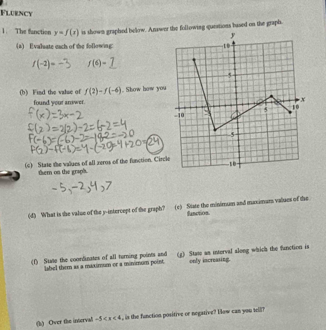 Fluency 
1. The function y=f(x) is shown graphed below. Answer the following questions based on the graph. 
(a) Evaluate cach of the following:
f(-2)=
f(6)=_ 7
(b) Find the value of f(2)-f(-6). Show how you 
found your answer. 
(c) State the values of all zeros of the function. Circl 
them on the graph. 
(d) What is the value of the y-intercept of the graph? (e) State the minimum and maximum values of the 
function. 
(f) State the coordinates of all turning points and (g) State an interval along which the function is 
label them as a maximum or a minimum point. only increasing. 
(h) Over the interval -5 , is the function positive or negative? How can you tell?