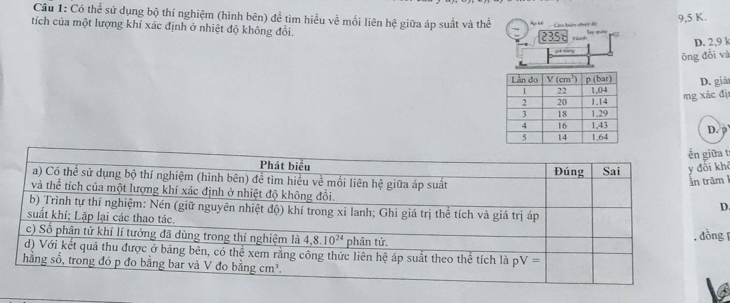 Có thể sử dụng bộ thí nghiệm (hình bên) để tìm hiểu về mối liên hệ giữa áp suất và thể Ap ké Cm hiên nhiệt đó
9,5 K.
tích của một lượng khí xác định ở nhiệt độ không đổi.  Ly quờy
PBSt Canh D. 2,9 k
pít tóng
ông đổi và
D. giảr
mg xác đị
D. p
ến giữa t
Phát biểu Đúng Sai y đổi khá
a) Có thể sử dụng bộ thí nghiệm (hình bên) để tìm hiểu về mối liên hệ giữa áp suất
ần trăm
và thể tích của một lượng khí xác định ở nhiệt độ không đổi.
D
b) Trình tự thí nghiệm: Nén (giữ nguyên nhiệt độ) khí trong xi lanh; Ghi giá trị thể tích và giá trị áp
suất khí; Lặp lại các thao tác.
c) Số phân tử khí lí tưởng đã dùng trong thí nghiệm là 4,8.10^(24) phân tử.
, đồng 1
d) Với kết quả thu được ở bảng bên, có thể xem rằng công thức liên hệ áp suất theo thể tích là pV=
hằng số, trong đó p đo bằng bar và V đo bằng cm³.