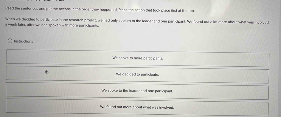 Read the sentences and put the actions in the order they happened. Place the action that took place first at the top.
When we decided to participate in the research project, we had only spoken to the leader and one participant. We found out a lot more about what was involved
a week later, after we had spoken with more participants.
Instructions
We spoke to more participants.
We decided to participate.
We spoke to the leader and one participant.
We found out more about what was involved,