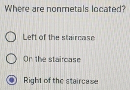 Where are nonmetals located?
Left of the staircase
On the staircase
Right of the staircase