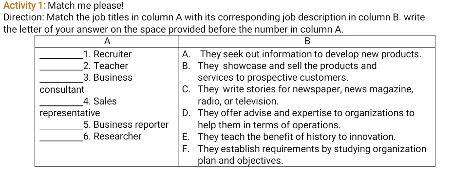 Activity 1: Match me please! 
Direction: Match the job titles in column A with its corresponding job description in column B. write 
t