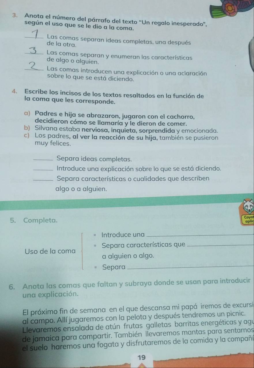 Anota el número del párrafo del texto “Un regalo inesperado”, 
según el uso que se le dio a la coma. 
_Las comas separan ideas completas, una después 
de la otra. 
_Las comas separan y enumeran las características 
de algo o alguien. 
_Las comas introducen una explicación o una aclaración 
sobre lo que se está diciendo. 
4. Escribe los incisos de los textos resaltados en la función de 
la coma que les corresponde. 
a) Padres e hija se abrazaron, jugaron con el cachorro, 
decidieron cómo se llamaría y le dieron de comer. 
b) Silvana estaba nerviosa, inquieta, sorprendida y emocionada. 
c) Los padres, al ver la reacción de su hija, también se pusieron 
muy felices. 
_Separa ideas completas. 
_Introduce una explicación sobre lo que se está diciendo. 
_ Separa características o cualidades que describen 
algo o a alguien. 
5. Completa. 
Coyo 
aplic 
Introduce una_ 
Uso de la coma Separa características que_ 
a alguien o algo. 
Separa 
_ 
6. Anota las comas que faltan y subraya donde se usan para introducir 
una explicación. 
El próximo fin de semana en el que descansa mi papá iremos de excursi 
al campo. Allí jugaremos con la pelota y después tendremos un picnic. 
Llevaremos ensalada de atún frutas galletas barritas energéticas y agu 
de jamaica para compartir. También llevaremos mantas para sentarnos 
el suelo haremos una fogata y disfrutaremos de la comida y la compañí 
19