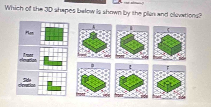 not sowed 
Which of the 3D shapes below is shown by the plan and elevations?